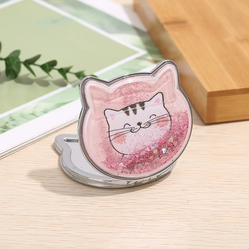 Cute Cat Shaped Handheld Mirror with Shiny Sequins Design Portable Small Folding Hand Mirror Double Side Makeup Mirror Gift