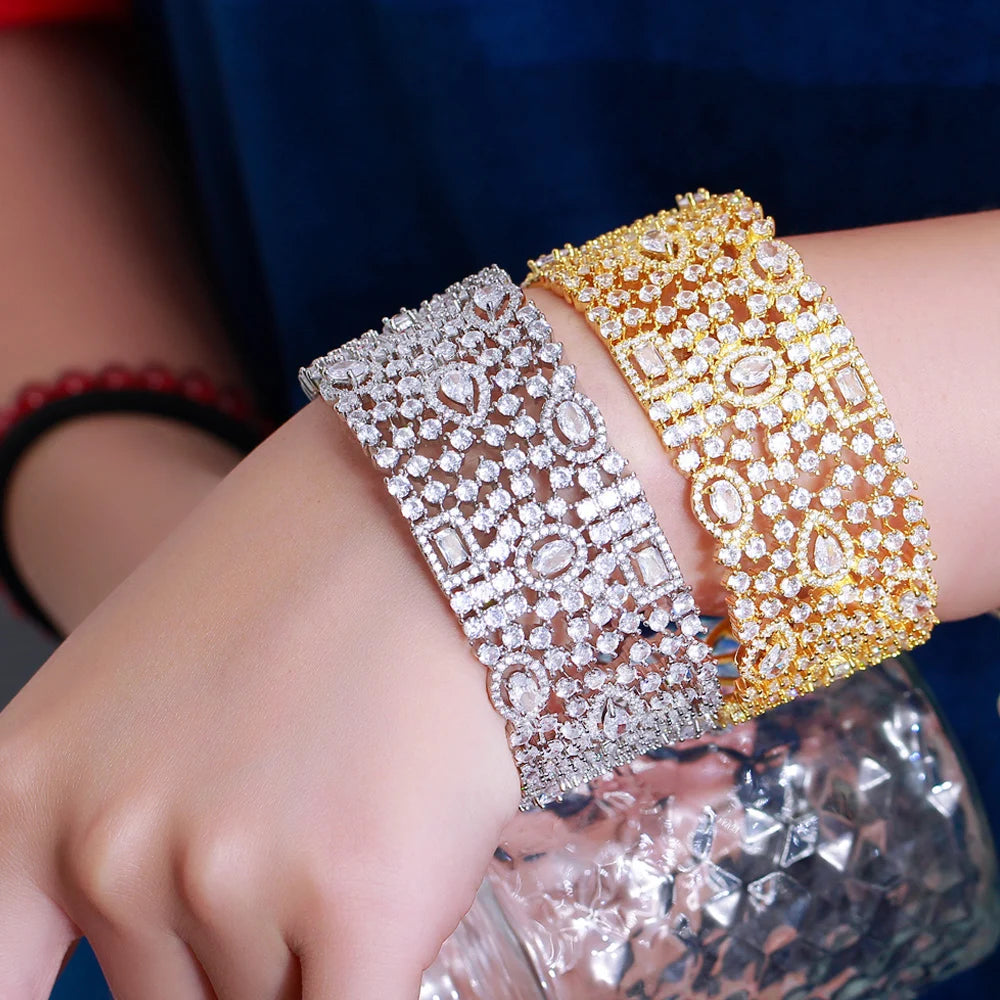 ThreeGraces Luxury Shiny Cubic Zirconia Big Wide Bridal Wedding Open Size Bangle for Women Gorgeous Dubai Party Jewelry B083