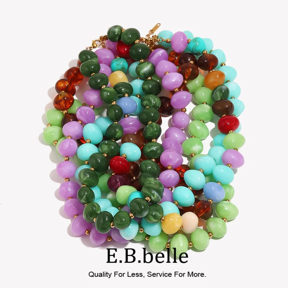E.B.belle Colorful Candy Bead Strand Necklace Adjustable Gold Extension Chain Flat Oval Resin Beads Fashion Beach Women Jewelry