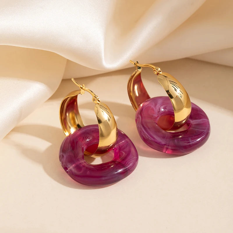 ANENJERY 316L Stainless Steel Colorful Resin Circular Hoop Earrings For Women Fashion Y2K Exaggerated Jewelry Gifts Wholesale