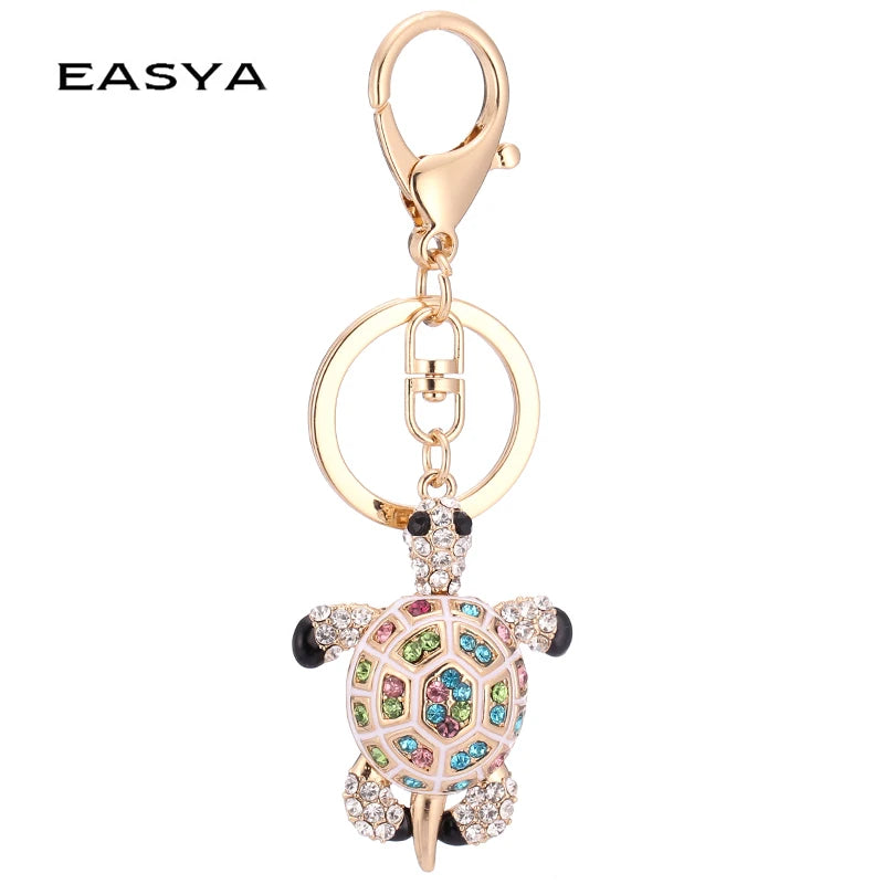 Fashion Rhinestone Crystal Metal Keychain Lovely Cartoon Marine Style Tortoise Fish Dolphin Keyring HandBag Car Pendant Gift