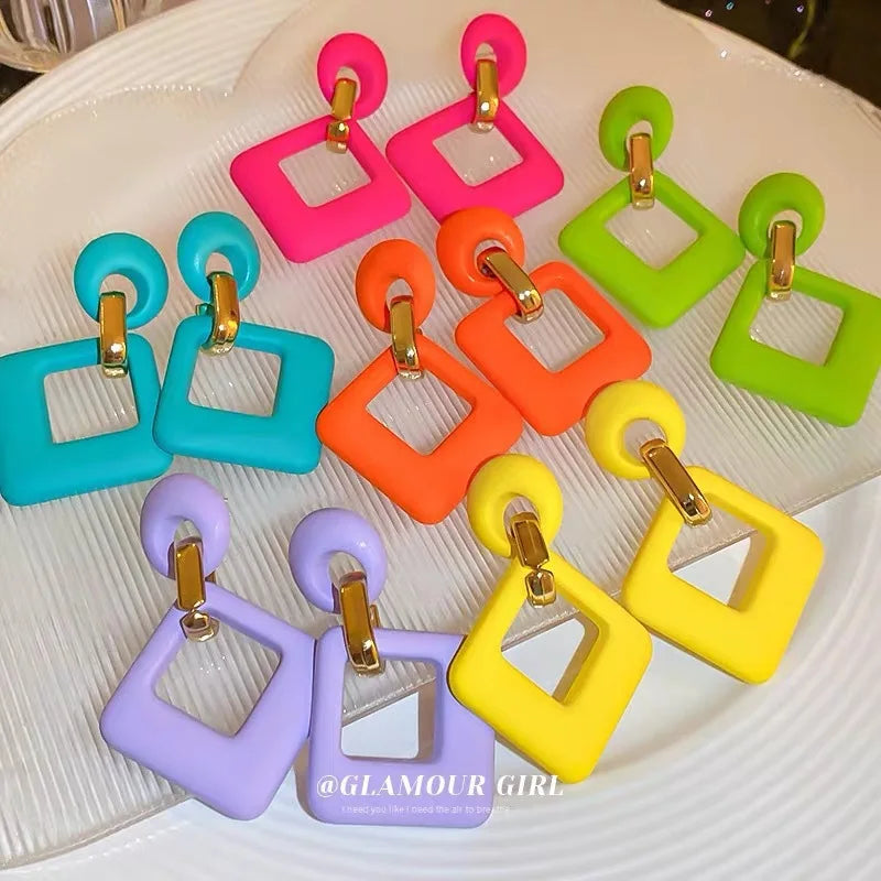 Trendy Acrylic Colorful Square Round Drop Earrings Fashion Hollow Geometric Summer  Earring Party Wedding Jewelry