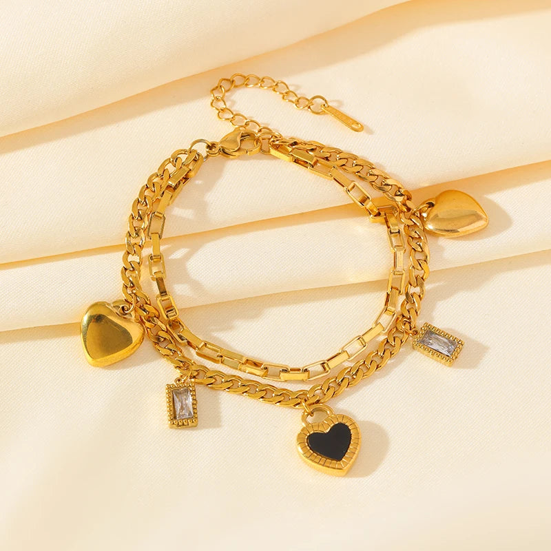 EILIECK Stainless Steel Reversible Heart Charm Bracelet For Women Trendy 18K Gold Plated Waterproof Wrist Chain Jewelry Gift
