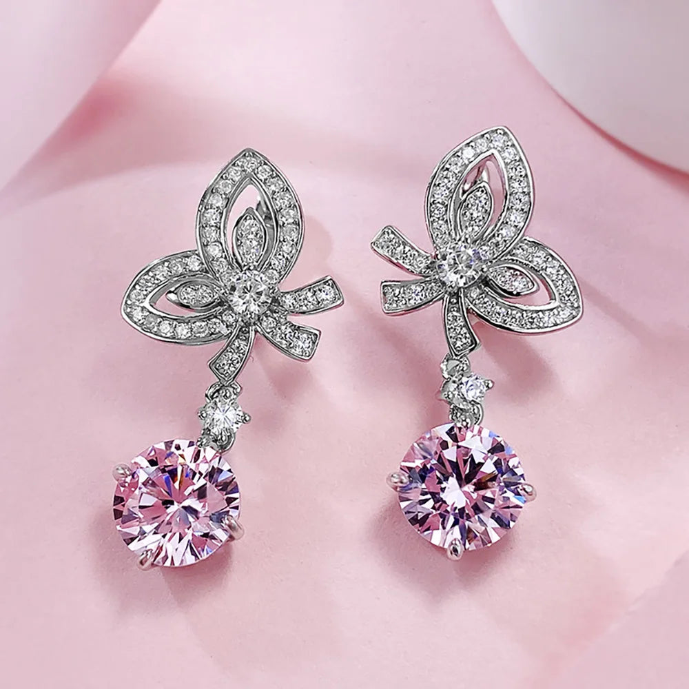 Charms 100% 925 Real Silver 8mm Pink Quartz Sapphire Bowknot Dangle Earrings for Women Lab Diamond Gemstone Wedding Fine Jewelry