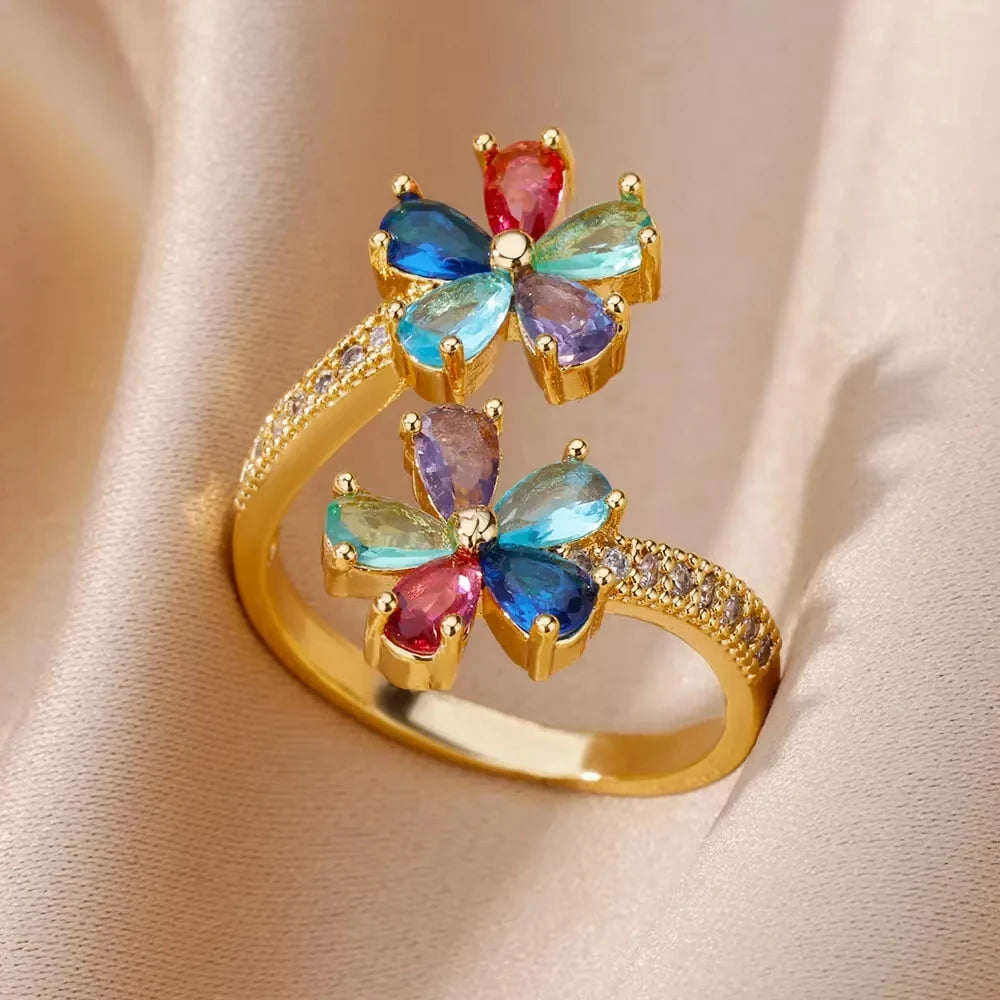 Stainless Steel Rings Gold Plated Colorful Stone Zircon Crystal Luxury Flower Ring For Women Wedding Jewelry Christmas Gift New