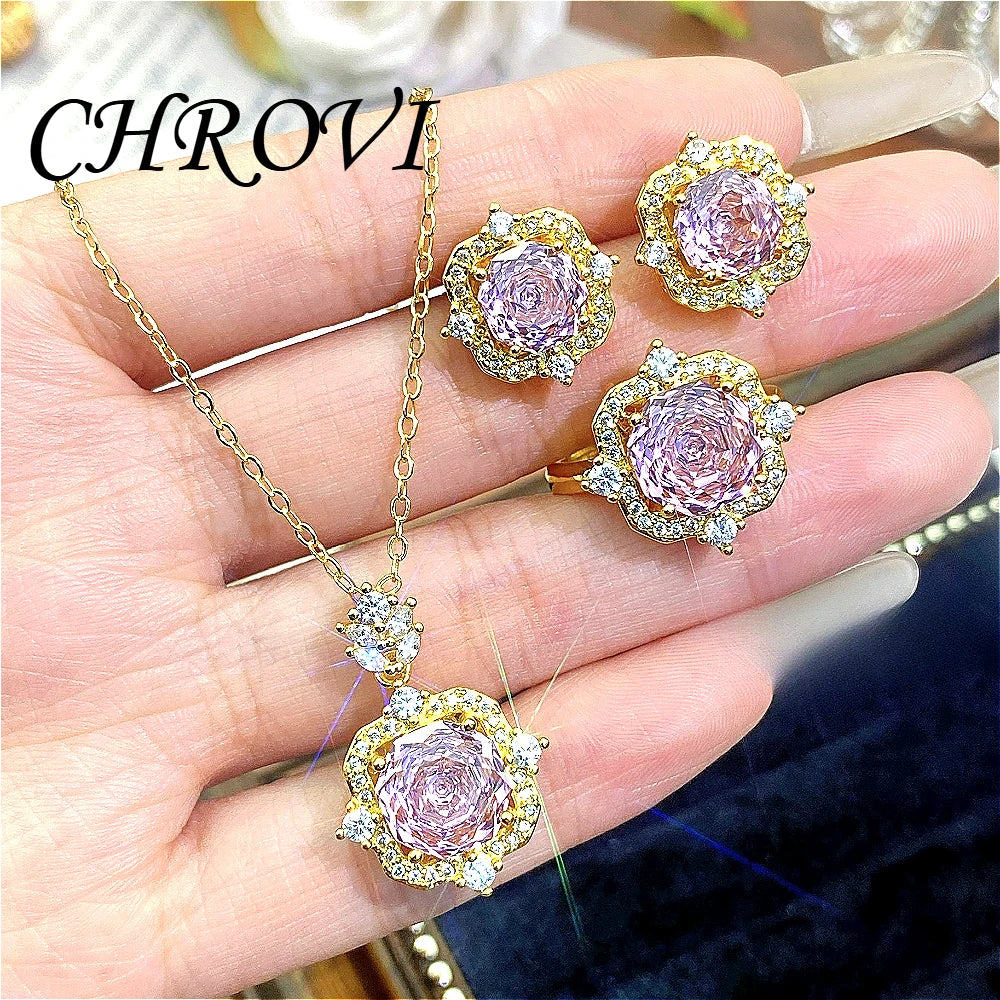New 925 pure silver millennium rose gold necklace pendant stud earrings and colorful ring set