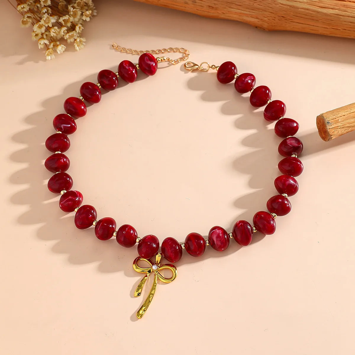 Pink Acrylic Round Beads Choker Necklace for Women Stainless Steel Gold Color Bowknot Pendant Collars Boho Beach Jewelry Gifts