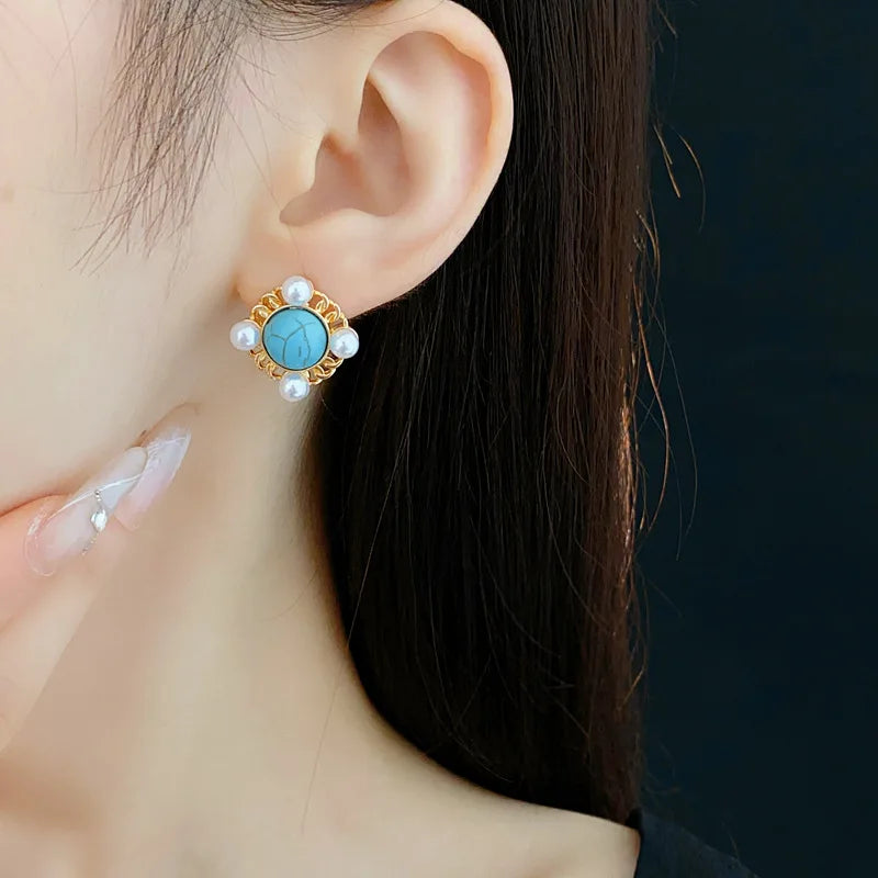 NISHIZAWA Pearls Stud Earrings for Women Geometric Sweet Korean Fashion Jewelry Elegant Vintage Simple Aretes De Mujer