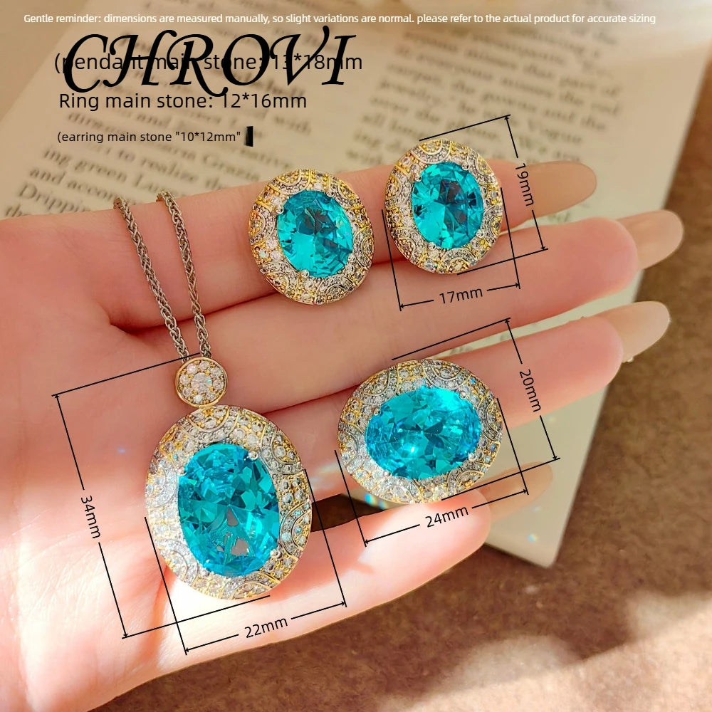 Luxury-Style 925 Sterling Silver Two-Colored Pendant Necklace Stud Earrings White Diamond Ring Gemstone Set