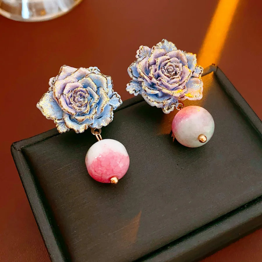 Rose Flower Glass Bead Earrings for Women 2025 Fashion French Retro Vintage Stud Earring High-end Luxury Designer Jewelry