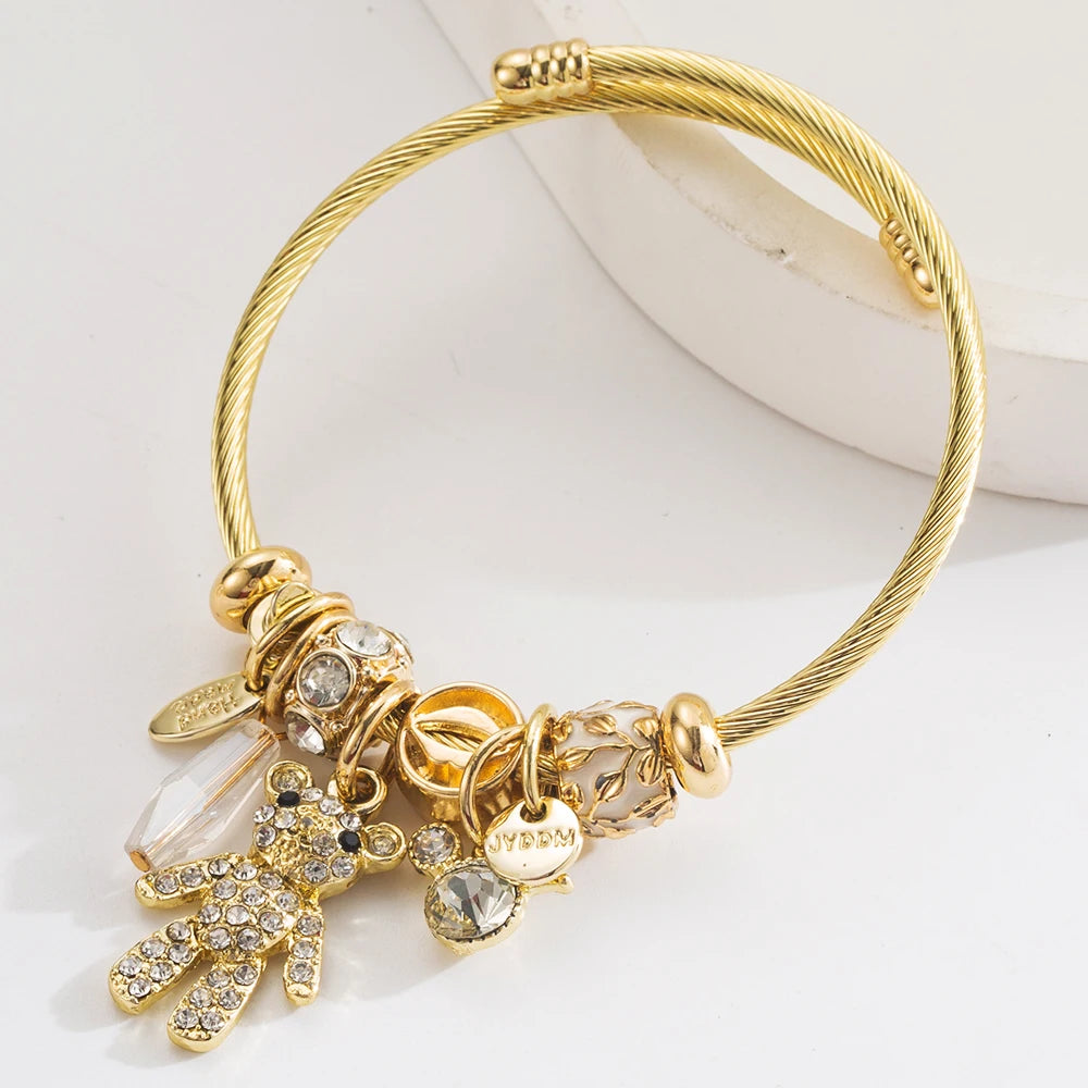 Gold Stainless Steel Pandora Bracelet With Personalized Bear Letter Pendant And Adjustable Opening For Women
