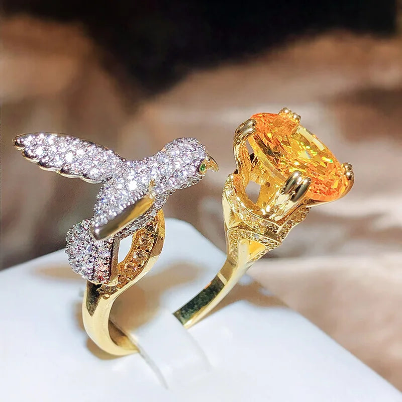 Creative Colored Gemstone Women Ring Simulating St. Mary's Aquamarine Hummingbird Ring 925 Stamp Wedding Party Fashion Jewellery