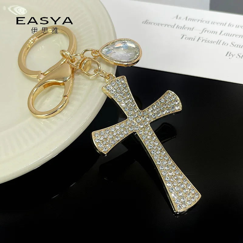 Women Trendy Cross Key Ring European Style Full Crystals Cross Shaped Car Keychain Fashionable Bag Accessory Gift