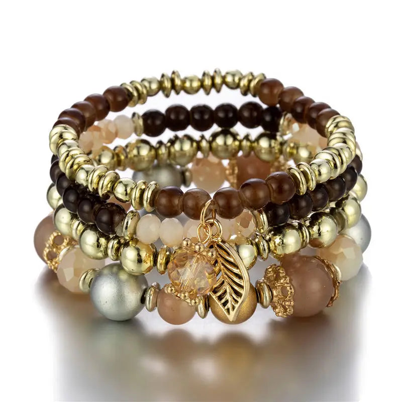 4Pcs New Candy Color Glass Beads Bracelet Set For Women Fashion Leaf Charm Elastic Chain Bangle Female Party Jewelry