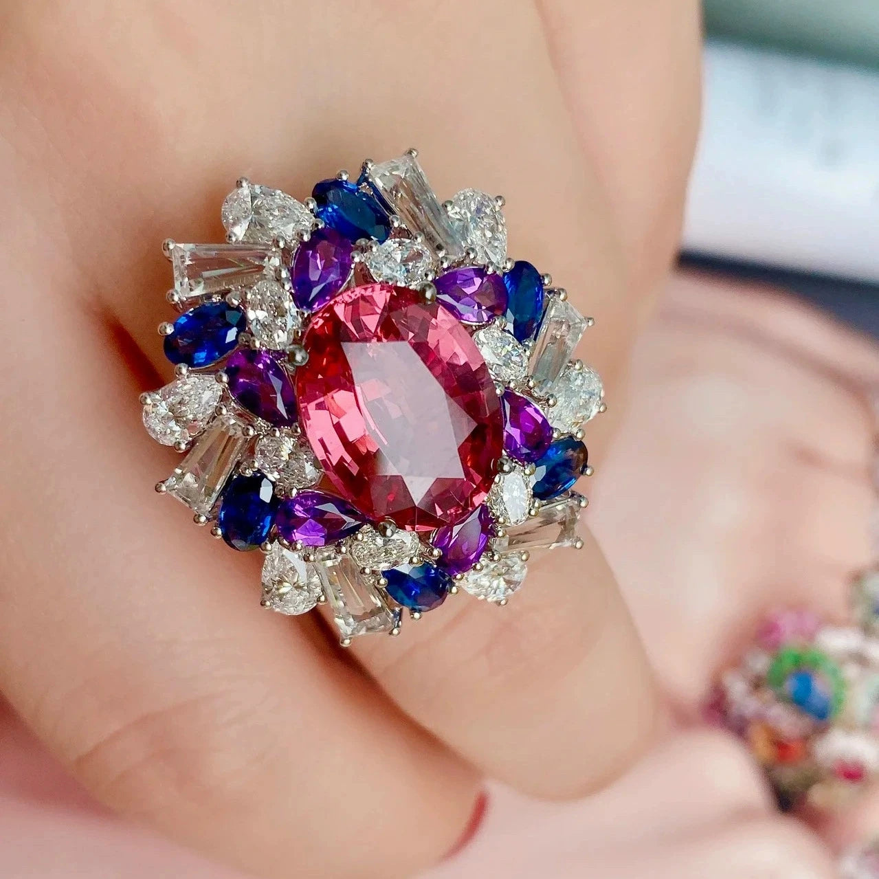 Luxury Women Colorful Gems Ring for Women Brilliant Amethyst Created-Rubellite 925 Sterling Silver Jewelry for Female Wedding