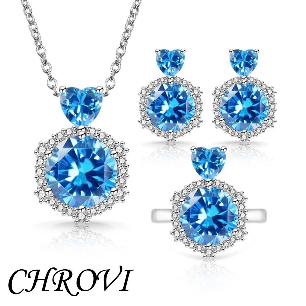 Luxury-Style 925 Sterling Silver New Color-Brightened Luxury Ring, Earrings, Necklace Women's Set