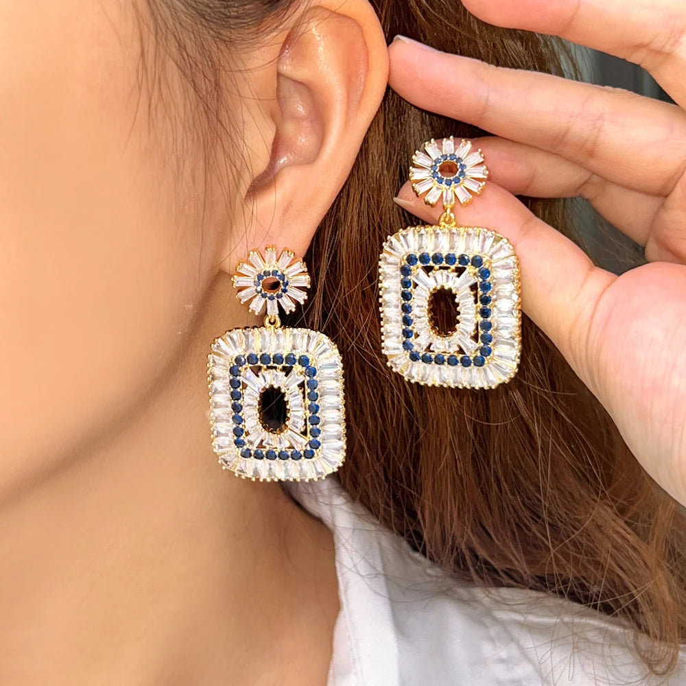 ThreeGraces Luxurious Shining Baguette Cubic Zirconia Long Big Dangle Drop Earrings for Women New Trendy Party Jewelry E1035