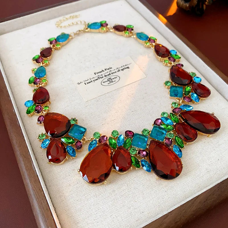 1/2 Pcs Luxury Shiny Rhinestone Choker Necklaces Earrings Set Women Vintage Geometric Bridal Weddings Jewelry Set Banquet N