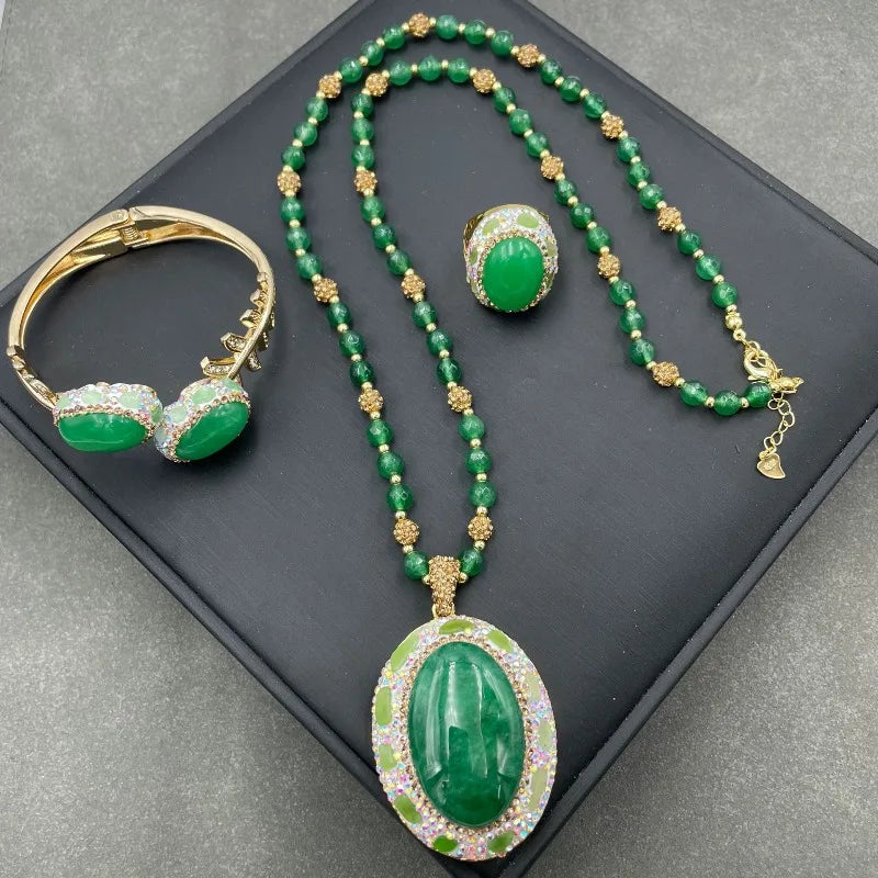 NISHIZAWA Green Gemstones Rings for Women Geometric Turkish Style Fashion Jewelry Light Luxury Elegant Anillos Mujer
