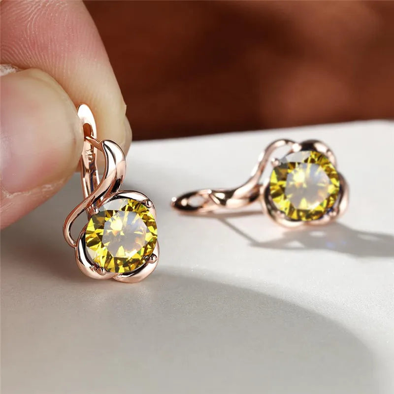 Female Crystal Round Red Green Purple Zircon Stone Flower Hoop Earrings Charm Rose Gold Color Wedding Jewelry Earrings For Women