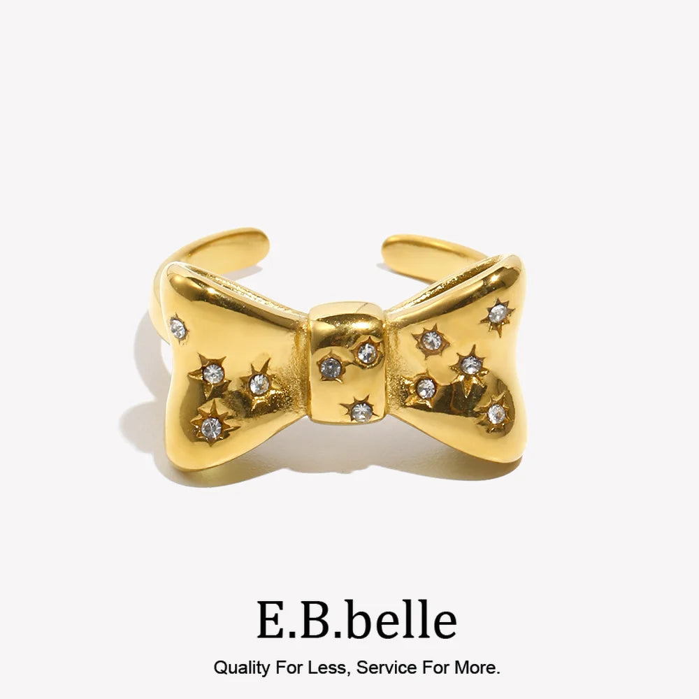 E.B.belle Micro Inlaid Bow Open Ring Waterproof Silver Color 316L Stainless Steel Decoration 18K Gold Plated Jewelry