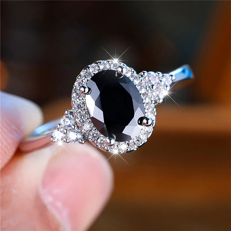 Cute Female Black Oval Zircon Stone Engagement Ring Trendy Silver Color Bride Wedding Jewelry Gift For Women