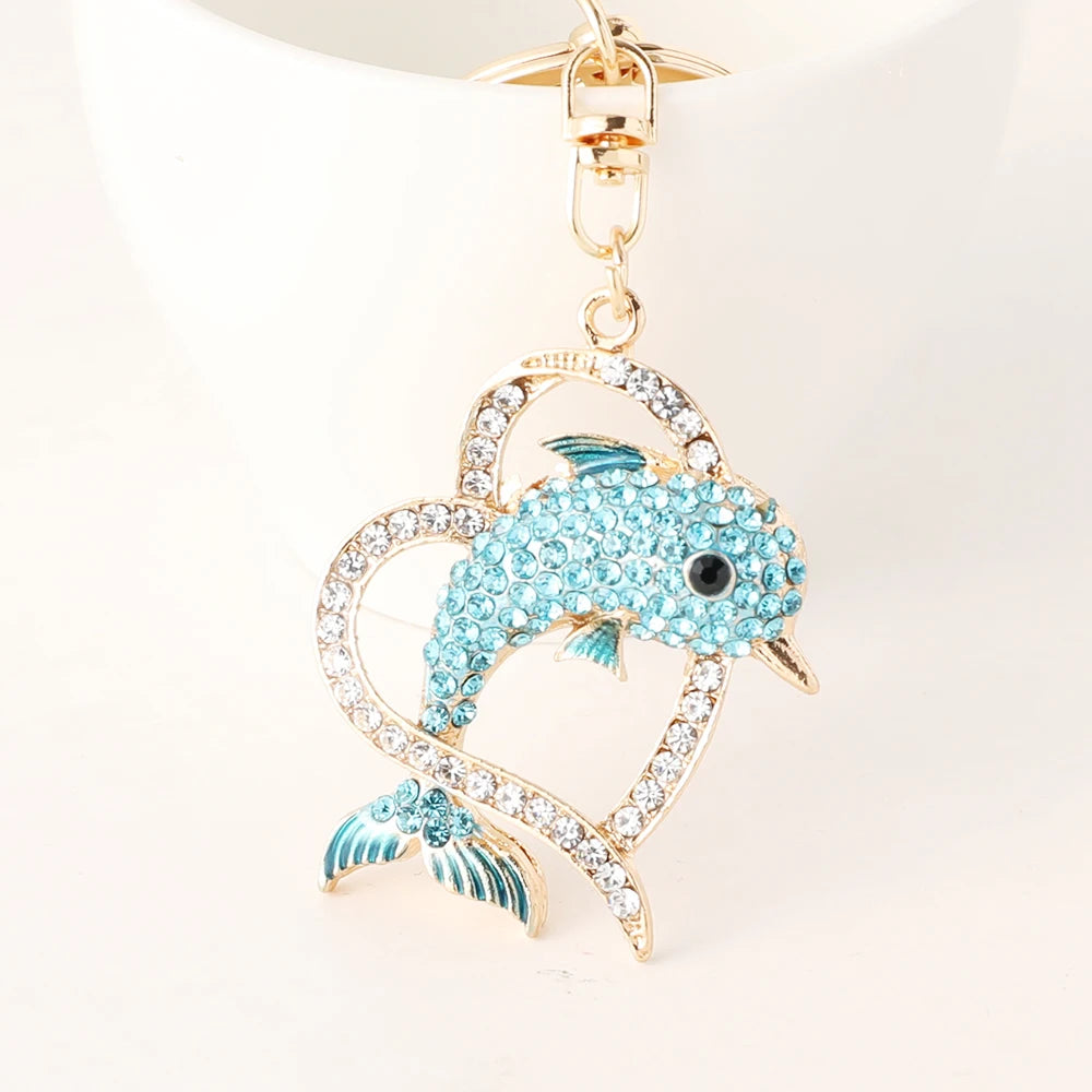 Dolphin Love Key Chain Women's Luxury Bag Pendant Crystal Rhinestone Key Ring Marine Animal Gift for Family Girlfriend