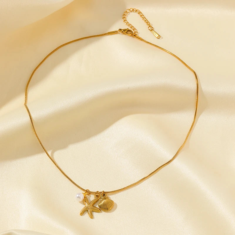 EILIECK 316L Stainless Steel Pearl Shell Starfish Sun Charm Necklace For Women Ocean Style Gold Plated Handmade Holiday Jewelry