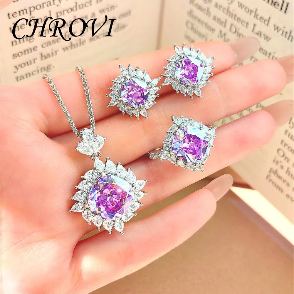 Light Luxury 925 Sterling Silver Set, Diamond Ring for Women, Elegant Pendant Necklace, Gemstone Stud Earrings