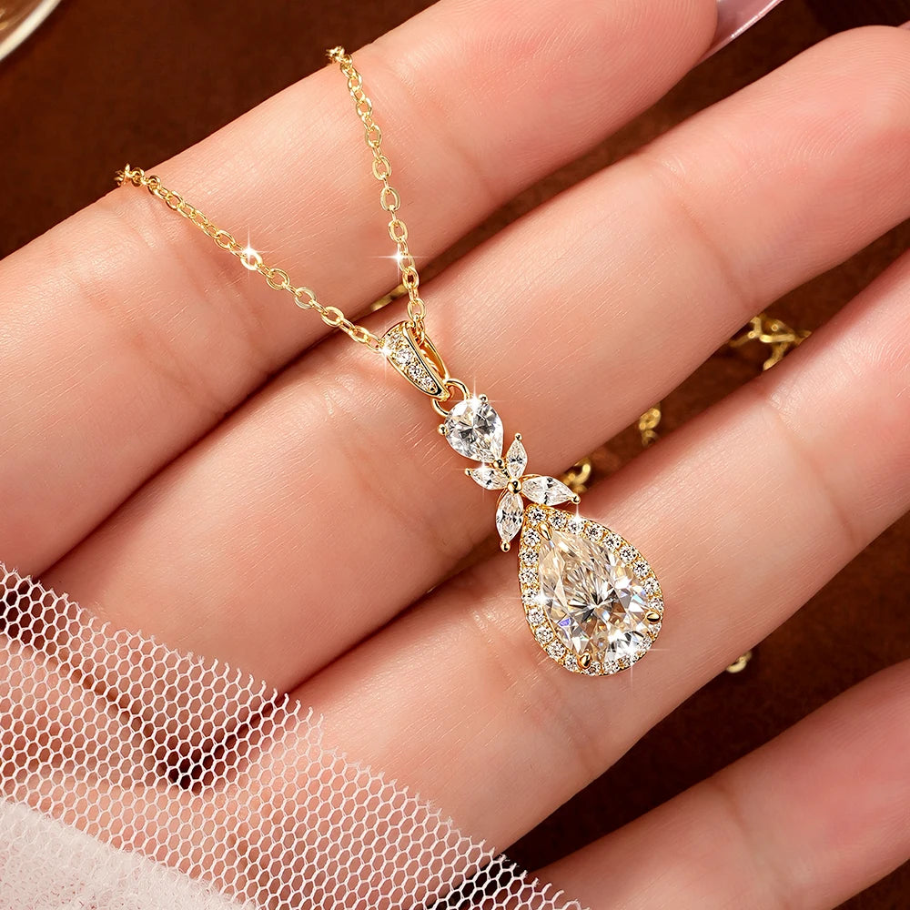 OXTAO 14K Gold Filled Teardrop Pendant Necklace 7x10.5mm Pear Shape Certified Moissanite Floral-Style Necklace for Women Jewelry