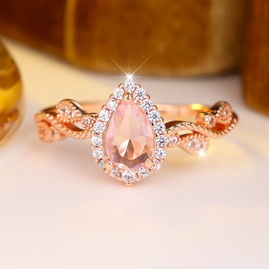 Small Charm Waterdrop Female Pink Zircon Stone Ring Vintage Gold Color Wedding Jewelry For Women