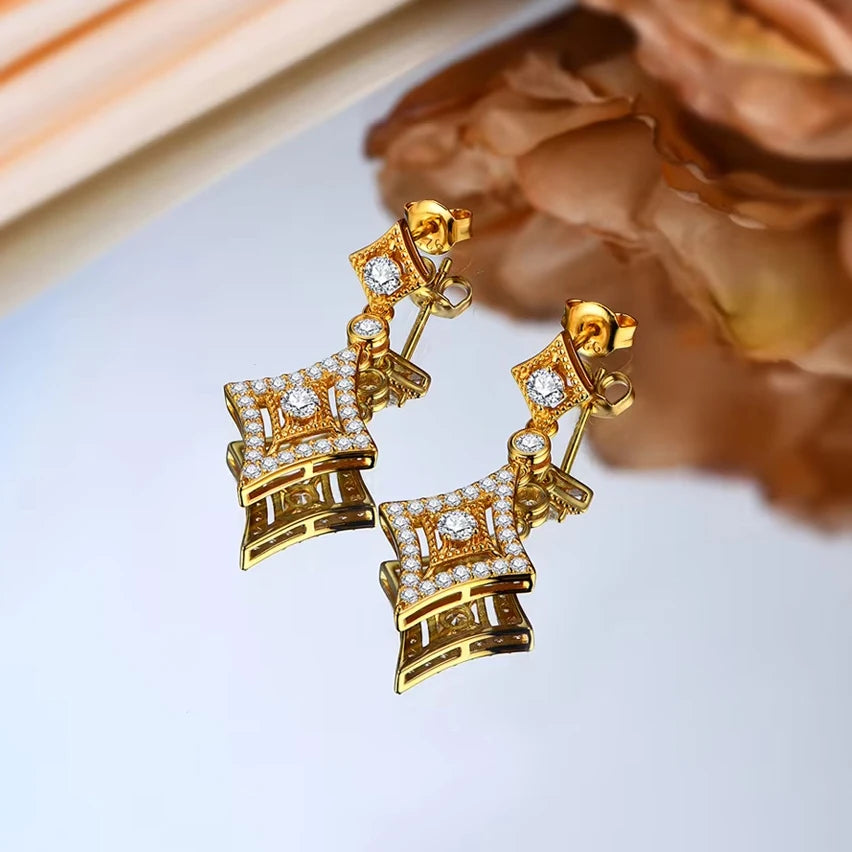 14K Gold Fringed Geometric Long-style Earrings For Women - Vintage Hollowed-out Party Wedding Jewelry Gift