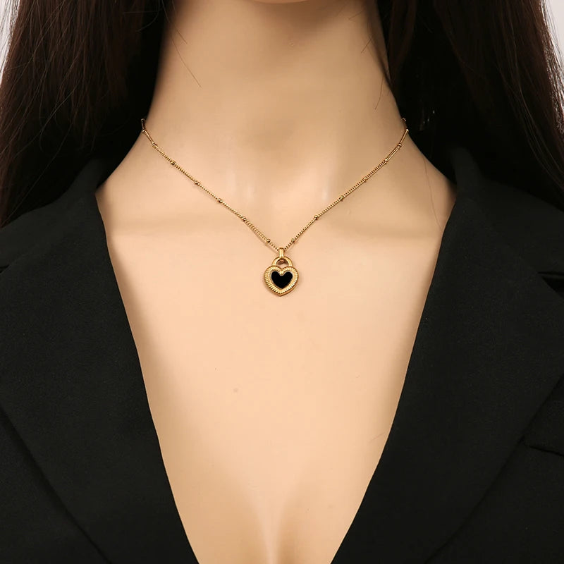 EILIECK 316L Stainless Steel Black White Double Heart Necklace Earrings Fashion Exquisite Waterproof Jewelry Set For Women Gift