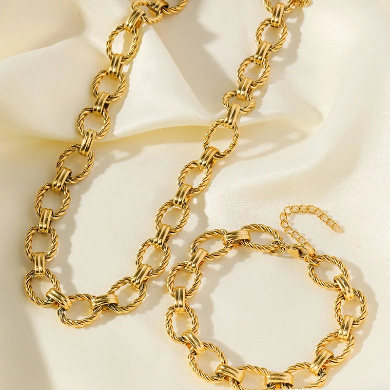 EILIECK 316L Stainless Steel Metal Gold Color Oval Link Chain Necklace Bracelet Set For Women Fashion Punk Waterproof Jewelry