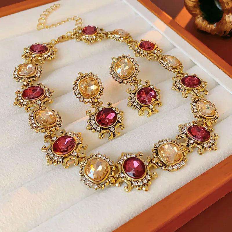 Vintage Square Rhinestone Round Drop Earring Chain Necklace Palace Style Luxury High-end Design Women's Jewelry Sets Wedding J