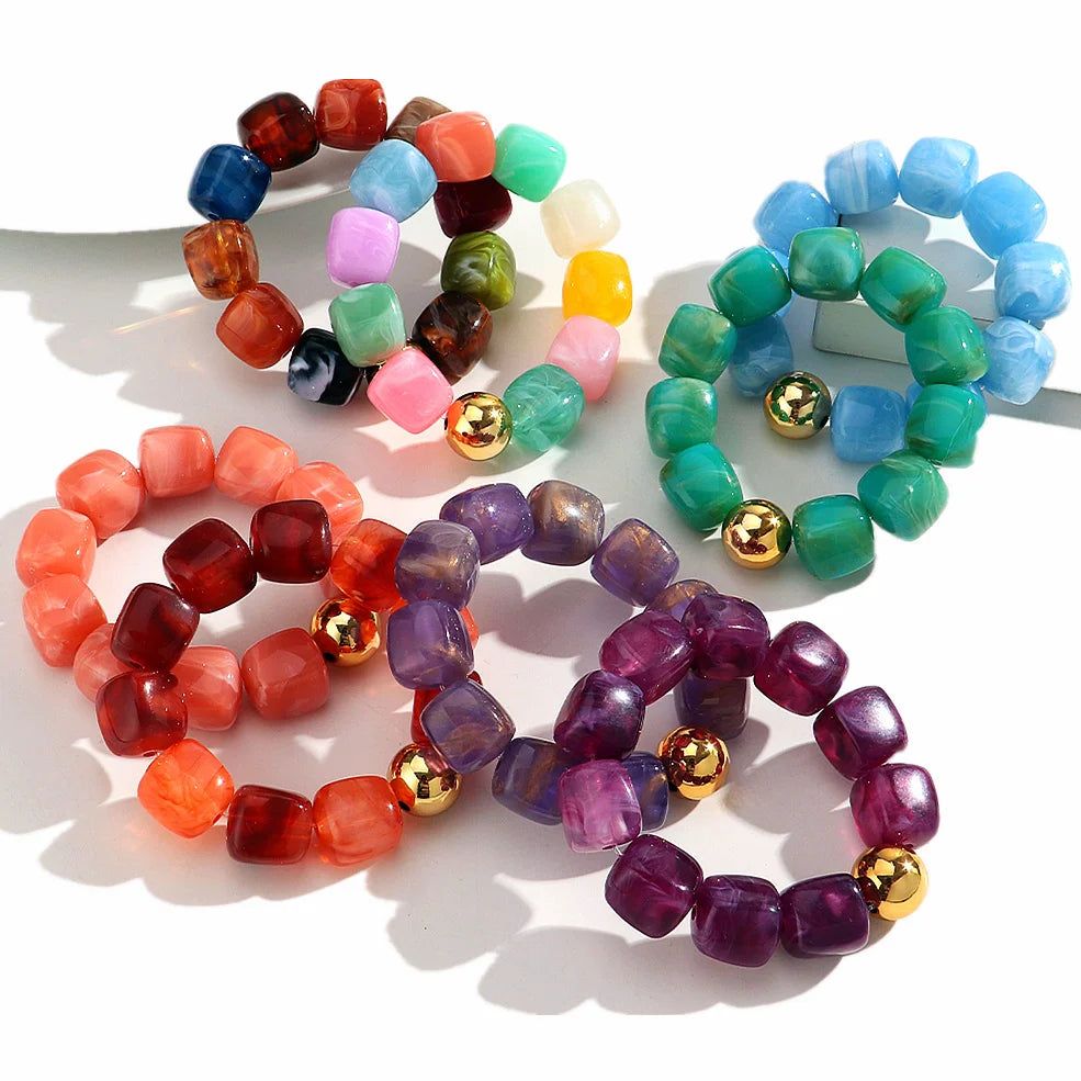 Acrylic Multicolor Irregular Beads Stretchy Bracelets Bangles for Women Resin Marbled Beaded Geometric Elastic Bracelet Jewelry
