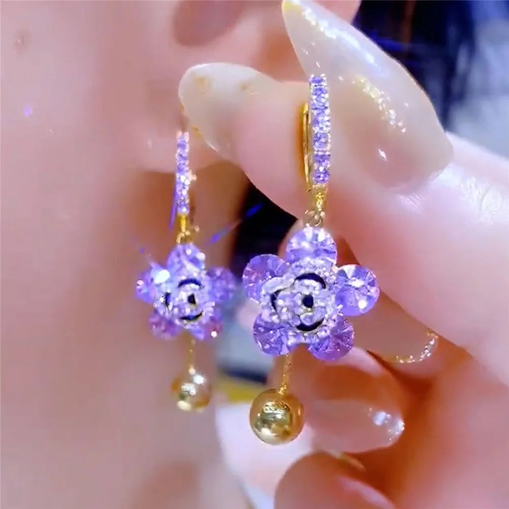 Charm Cute Female Small Purple New Flower Zircon Stone Fashion Drop Dangle Earrings Unique Gold Color Wedding Jewelry For Women