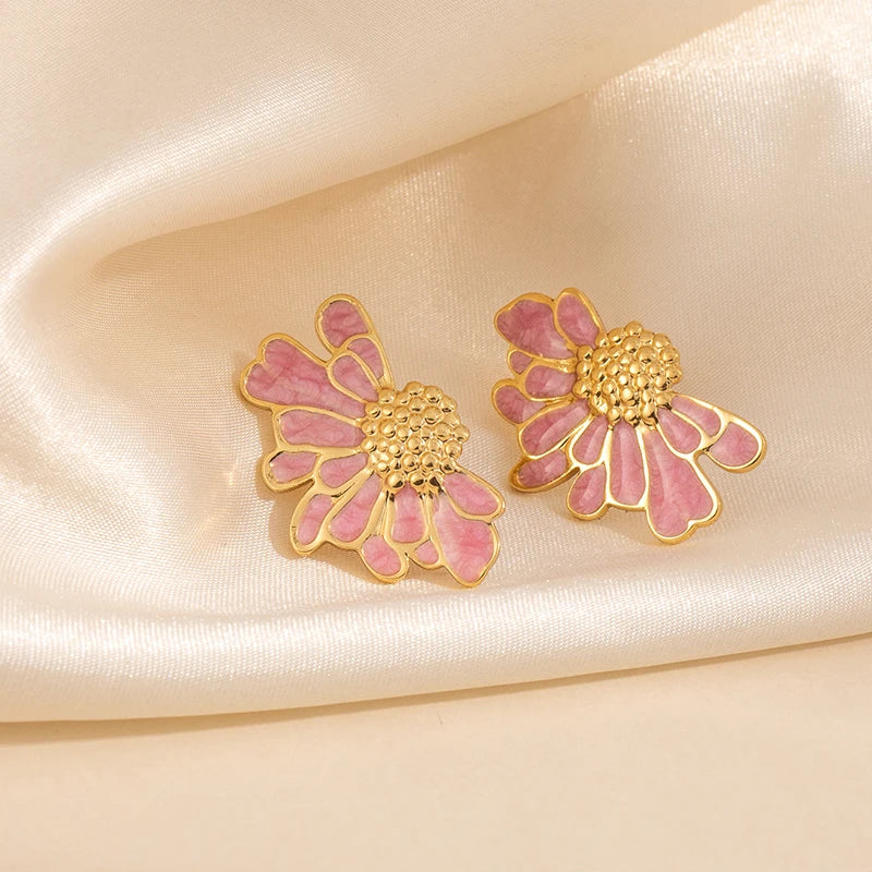 ANENJERY 316L Stainless Steel Drop Oil Flower Stud Earrings For Women Temperament Vintage Elegant Simple Jewelry Gifts Wholesale