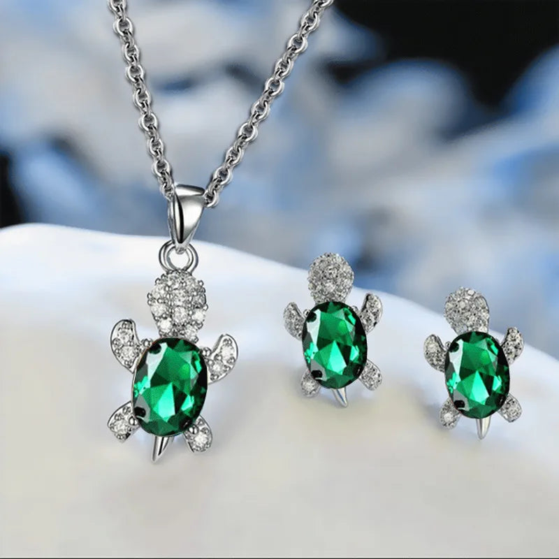 Multicolor Rhinestones Turtle Necklace Earrings sets for Women 14k Platinum Plated 3 Pcs Jewelry Set Female Party Wedding Gifts