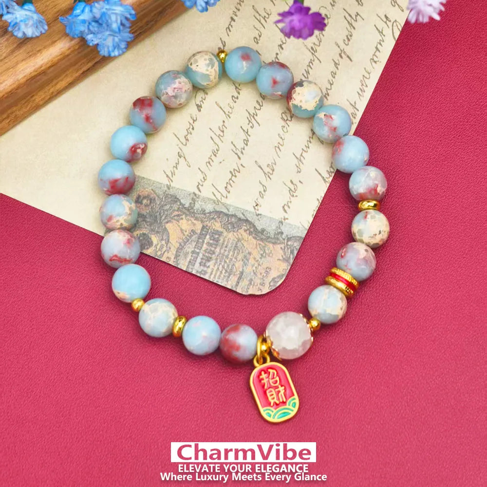 NEW Natural Blue Red Stone Beaded Bracelet for Women Golden Lucky Wealth Pendant Chinese Boho Bracelet Daily Wear Jewelry Gift