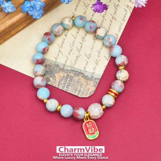NEW Natural Blue Red Stone Beaded Bracelet for Women Golden Lucky Wealth Pendant Chinese Boho Bracelet Daily Wear Jewelry Gift