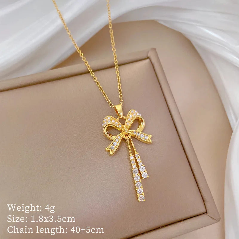 Exquisite Micro Inlaid Zircon Butterfly Tassel Necklace For Women Stainless Steel Moon Butterfly Flower Clavicle Choker Jewelry