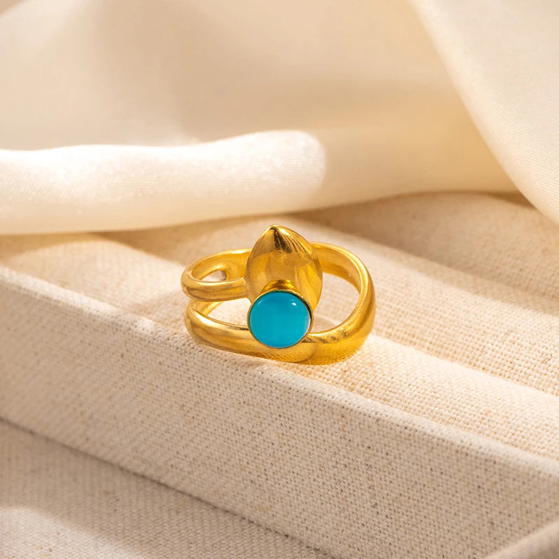 ANENJERY 316L Stainless Steel Colorful Stone Water Droplets Open Ring for Women Personality Niche Jewelry Niche Gifts Wholesale