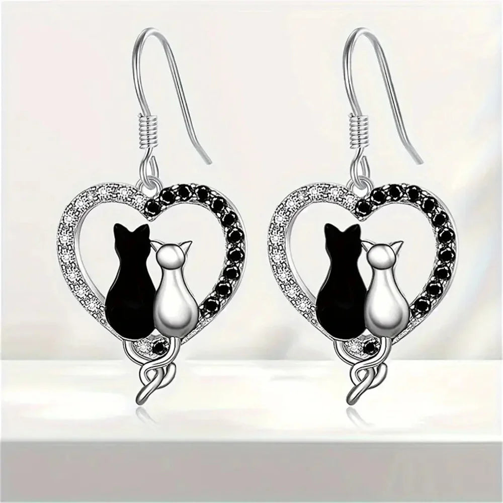 Charm Female White Black Zircon Stone Cat Animal Drop Earrings Cute Trendy Bridal Silver Color Dangle Wedding Jewelry For Women