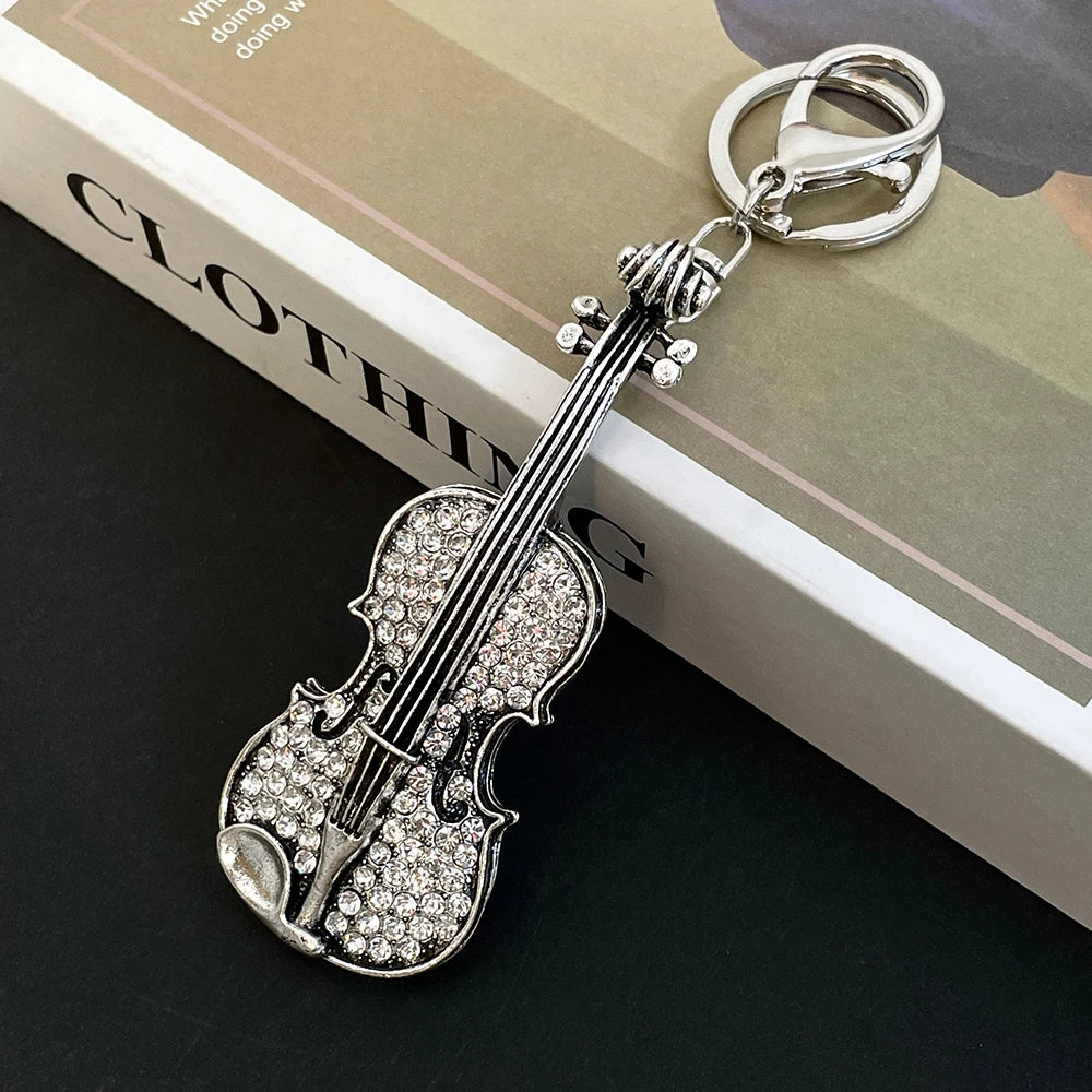 Violin Key Ring Concert Concert Souvenir Gift Women's Luxury Bag Pendant Keychain Rhinestone Crystal Handicraft