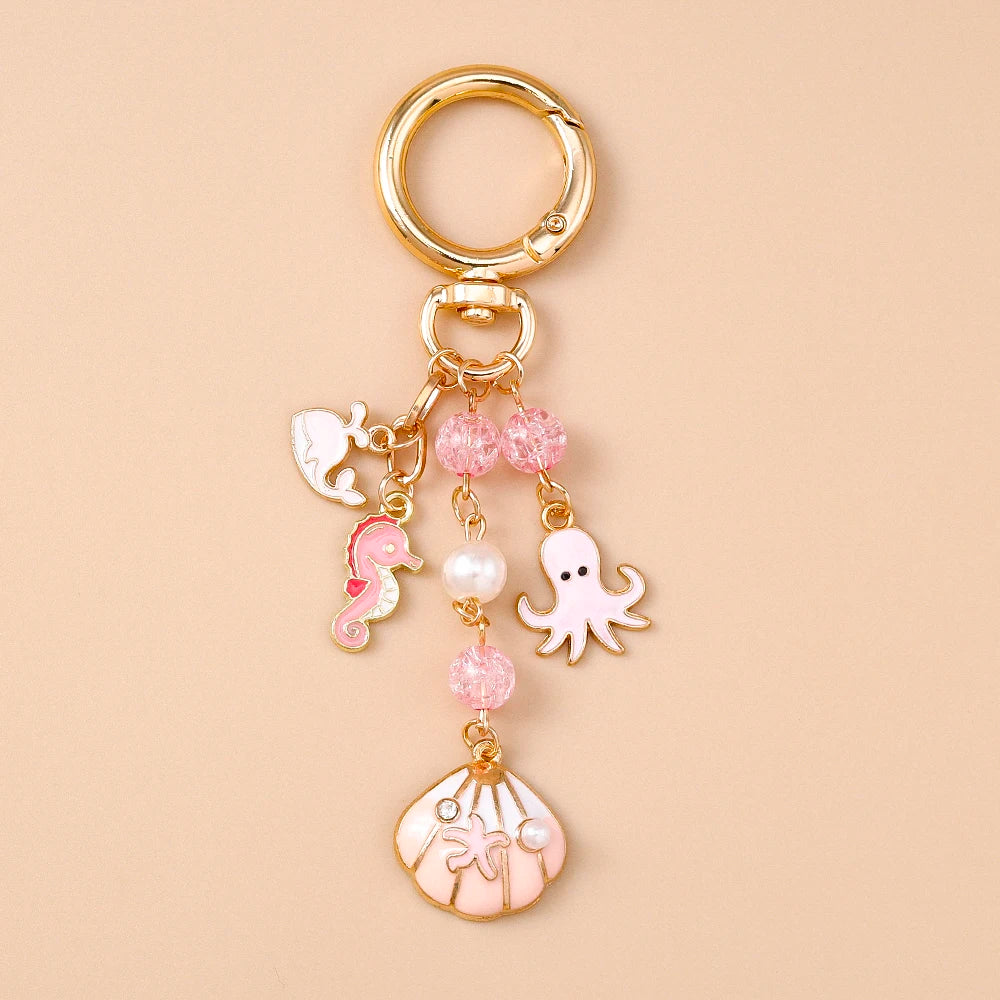 Summer Beach Mermaid Shell Starfish Keychain Women Girls Pearl Love Heart Key Ring Pendants for Handbag Decor DIY Jewelry Gifts