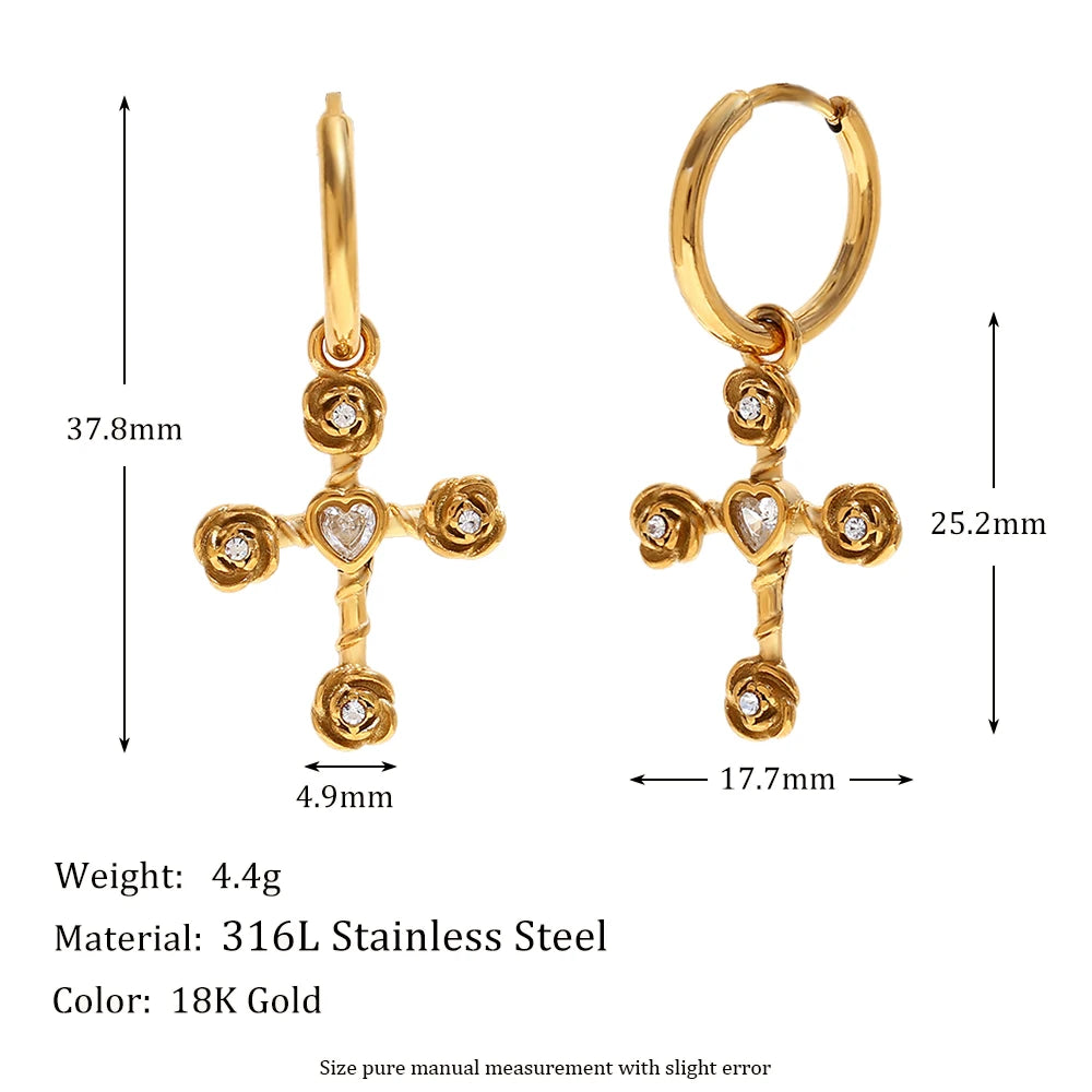 E.B.belle White Rhinestone Rose Cross Necklace Earring Flower Jewelry Set Stainless Steel 18K Gold Plated Waterproof Charm