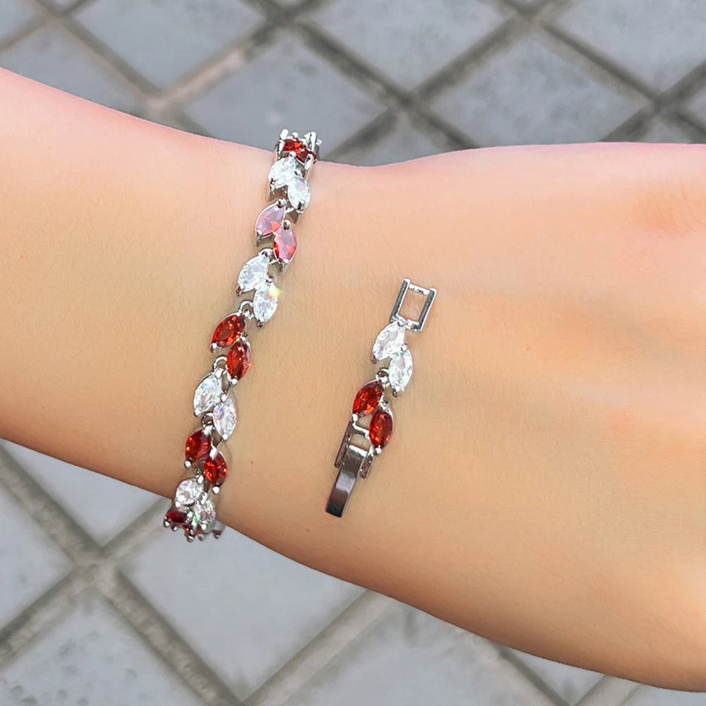 ThreeGraces New Trendy Brilliant Cubic Zirconia Leaf Shape Bridal Wedding Tennis Chain Link Bracelet Jewelry for Women B621