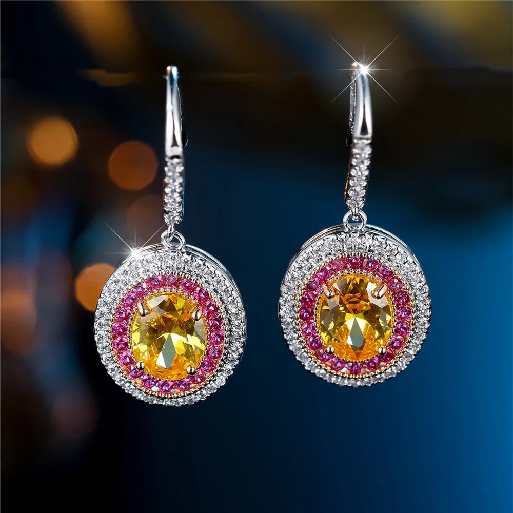 Luxury Female Big Yellow Oval Zircon Stone Drop Dangle Earrings Cute Silver Color Party Jewelry For Women