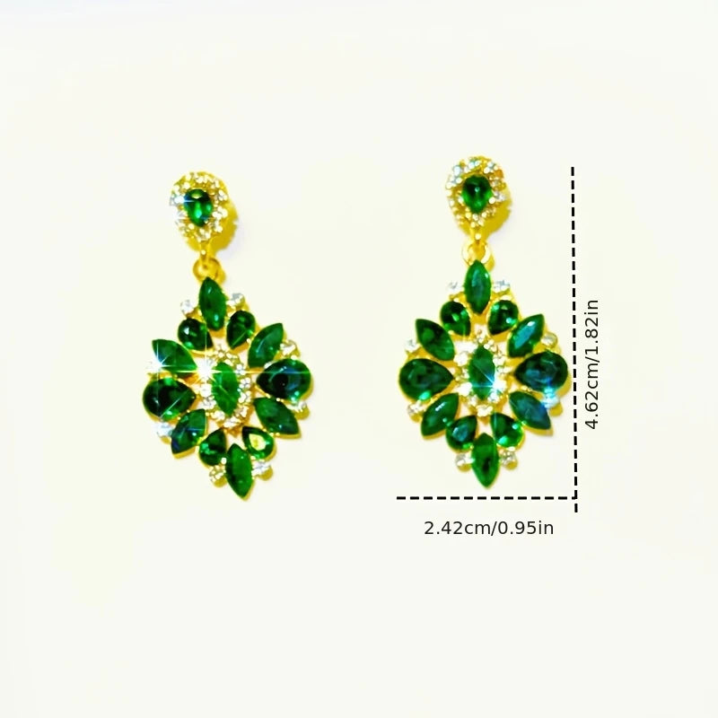 1Pair Luxury Trendy Green Water Droplet Shaped Inlaid Zircon Flower Drop Earrings for Women Bridal Elegant Party Accessory Gift